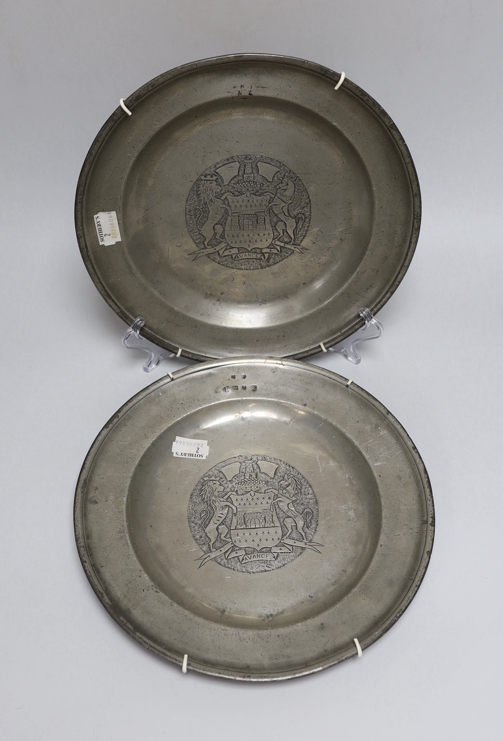 A pair of 18th century French pewter dishes, 30cm diameter